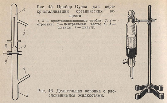 Прибор Оуэна для перекристаллизации органических веществ и делительная воронка с расслоившимися жидкостями