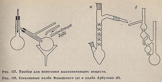 Прибор для перегонки высококипящих веществ и стеклянные колбы Фаворского и Арбузова