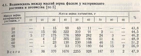 Взаимосвязь между массой зерна фасоли у материнского растения и потомства