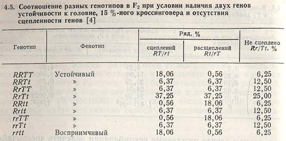 Соотношение разных генотипов в F2 при условии наличия двух генов устойчивости к головне