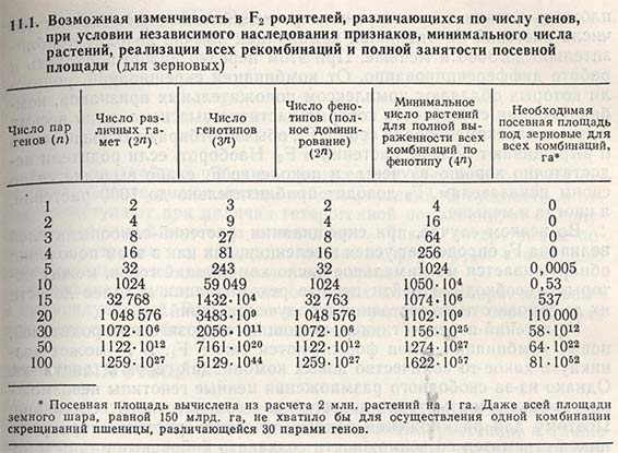 Возможная изменчивость в F2 родителей, различающихся по числу генов, при условии независимого наследования признаков