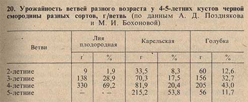 Урожайность ветвей разного возраста у 4-5-летних кустов черной смородины разных сортов