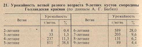 Урожайность ветвей разного возраста 9-летних кустов смородины Голландская красная