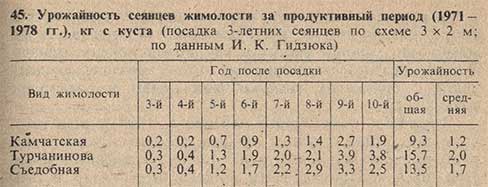 Урожайность сеянцев жимолости за продуктивный период