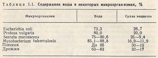 Содержание воды в некоторых микроорганизмах