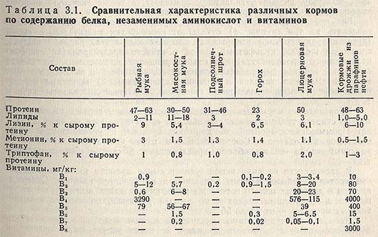 Сравнительная характеристика различных кормов по содержанию белка, незаменимых кислот и витаминов