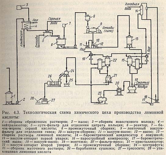 Технологическая схема химического цеха производства лимонной кислоты