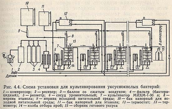 Схема установки для культивирования уксуснокислых бактерий