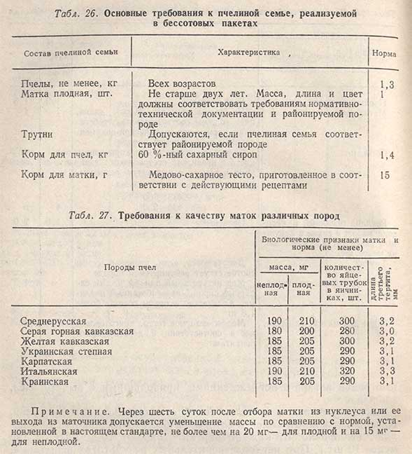 Основные требования к пчелиной семье, реализуемой в безсотовых пакетах